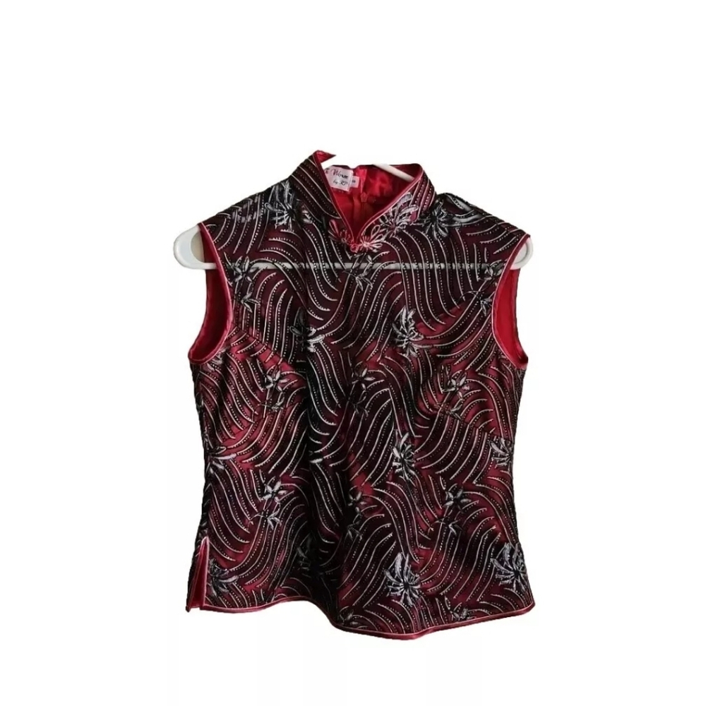 Vintage Red Print Oriental Style Tank Blouse Top 8